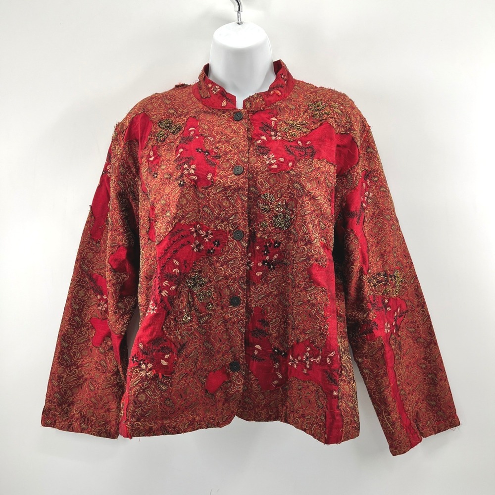 Chicos Silk Jacket 2 /US 12 Red Patchwork Embroidered Mandarin Asian Style Artsy